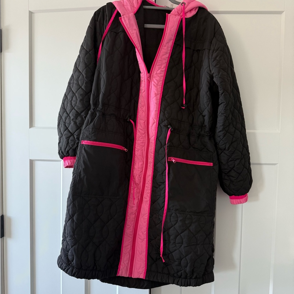 Women's Black and Pink Quilted Puffer Coat
